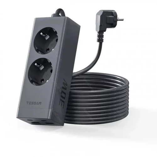 Сетевой фильтр 2 м (2 розетки + 2 USB + 2 USB-C) Tessan TS-FS01DE00 Black 