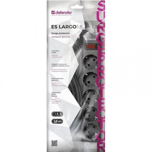 Удлинитель с сетевым фильтром Defender ES largo 1.8 (5 розеток 1.8м) чёрный 