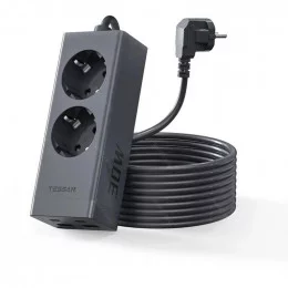 Сетевой фильтр 2 м (2 розетки + 2 USB + 2 USB-C) Tessan TS-FS01DE00 Black                                                                                                                                                                                 