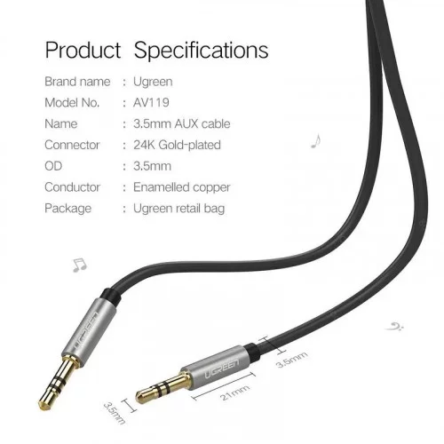 Кабель UGREEN AV119 (10733) 3.5mm Male to 3.5mm Male 1м 