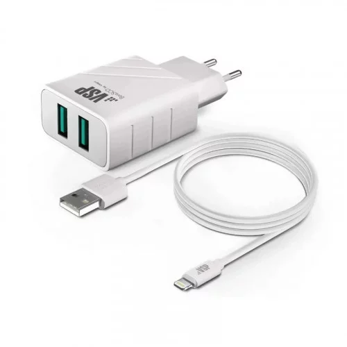 Сетевое зарядное устройство Borasco 2USB, 2,4A + Дата-кабель Lightning 1м белое 