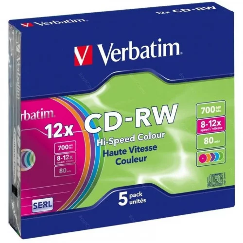 Матрица CD-RW 700Mb Verbatim 12X Slim Case (5) COLOR (43167) 