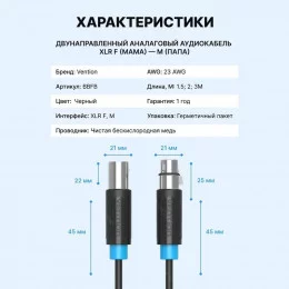 Кабель аудио Vention BBFBG (XLR M - XLR F) 1,5 м черный                                                                                                                                                                                                   