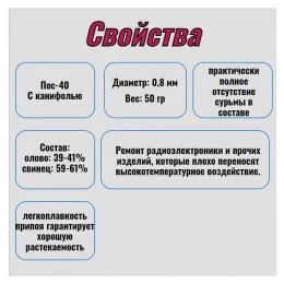 Припой-катушка ПОС-40 с канифолью,  диам. 0,8 мм, 50 гр                                                                                                                                                                                                   