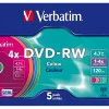 Матрица DVD-RW 4.7Gb Verbatim 4X Slim Case (5) COLOR (43563) 